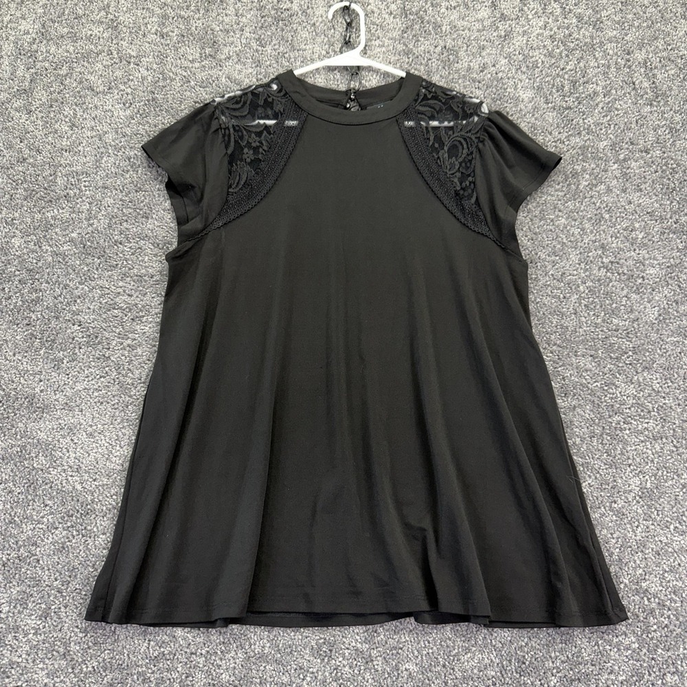 Torrid Top Womens 1 Black Lace Yoke Cap Sleeve Tunic Blouse Jersey Stretch Plus